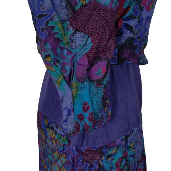Vintage 80s Secretary Midi Dress Size S/M Rayon Purple Boho Floral Print - Picture 7 of 12